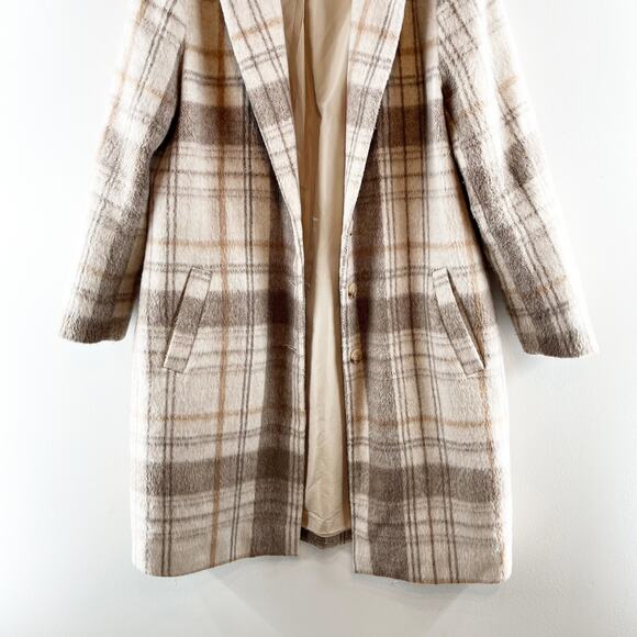 BB Dakota Plaid To Be Said Long Sleeve Notch Lapel Overcoat Peacoat Tan Large - Picture 7 of 11